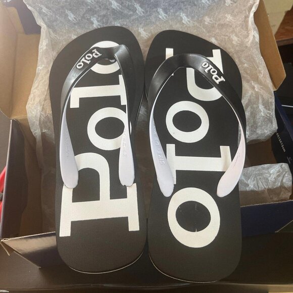 Polo Ralph Lauren Bolt Flip Flops Black White Size 9 - Picture 2 of 4